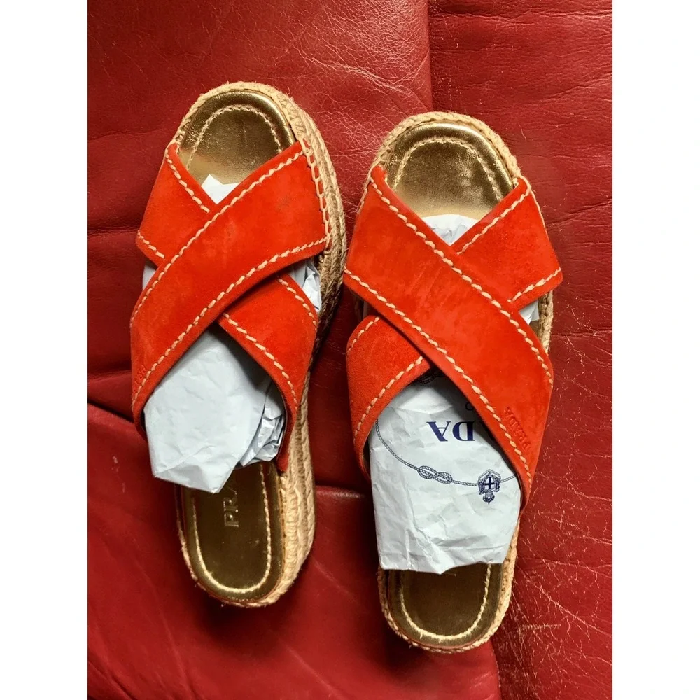 Authentic PRADA Red Espadrille Slide Wedges Sandal Size 8.5